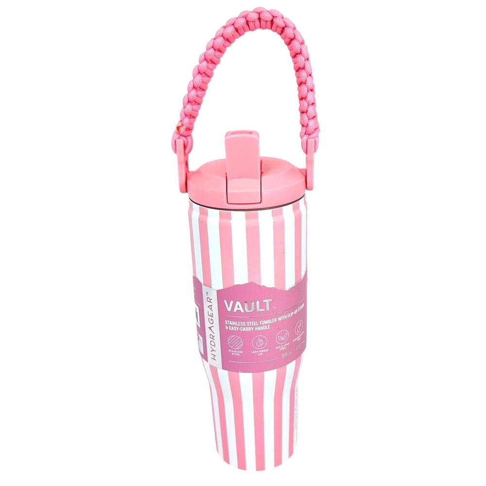 HydraGear Vault Tumbler 30oz Pink White Stripe NEW Stainless Steel Straw Handle